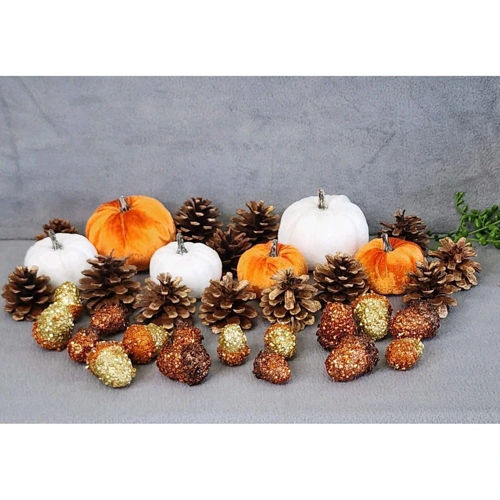 Fall Thanksgiving Bowl Filler Table Scatter Pumpkins Acorns Pinecones 35 Pc NEW